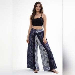 Boho Blue Palazzo Wide Leg Pants Mandala Lace Print O/S Beach Festival Beach